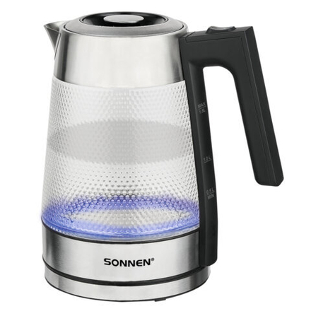 Чайник электрический SONNEN KT-1809, 1,8л, 2200 Вт, термостойкое стекло текстура ромб, внутренняя подсветка синяя, нержавеющая сталь