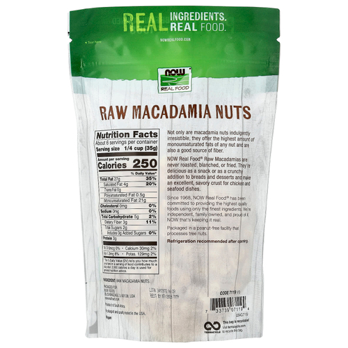 NOW Foods, Real Food, сырые орехи макадамия, несоленые, 227 г (8 унций)