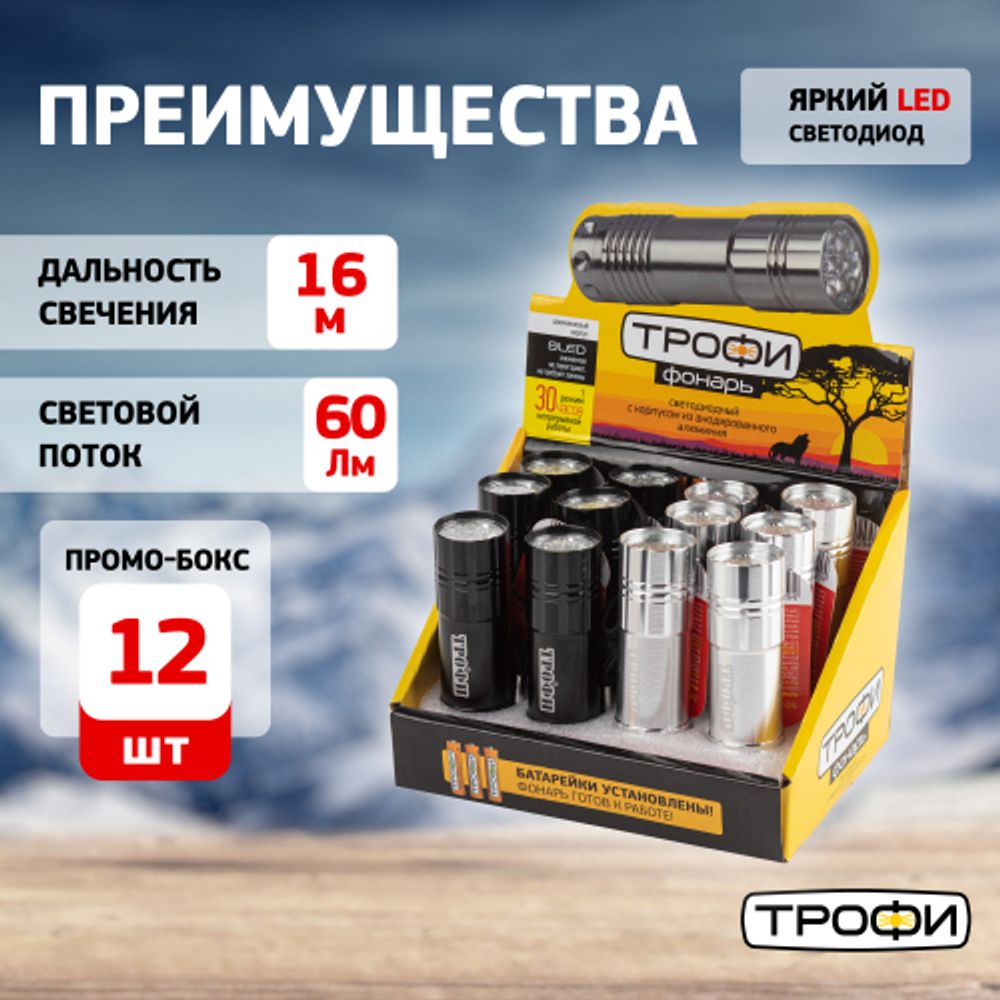 Светодиодный фонарь Трофи TM9-box12 ручной на батарейках промо-бокс 12шт алюминиевый
