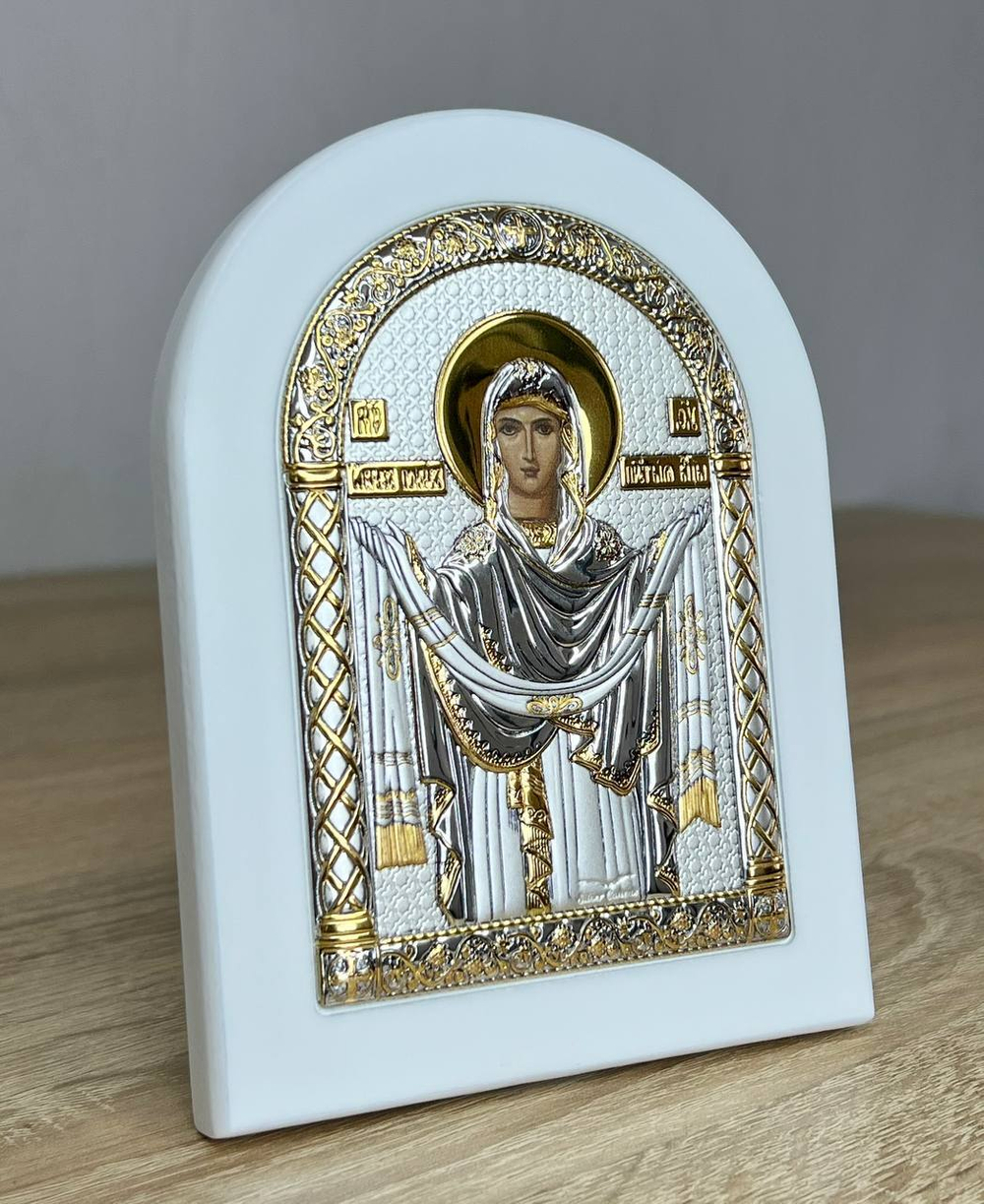Покрова БМ, икона арочная, белое дерево 105х140