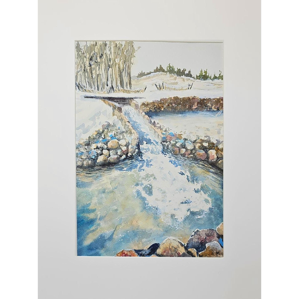 Картина авторская акварельная в паспарту 30х40 см на стену для интерьера "Нижний водопад в Веребково"