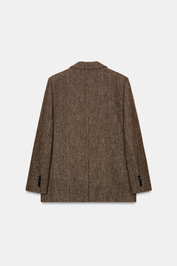 ZARA БЛЕЙЗЕР ИЗ СМЕСОВОГО ЛЬНА С УЗОРОМ В ЕЛОЧКУ — ZW COLLECTION, СВЕТЛО-КОРИЧНЕВЫЙ