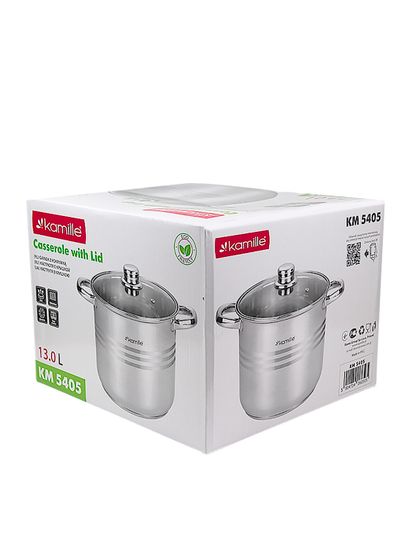 Кастрюля 13 л. из нержавеющей стали Kamille KM 5405 со стеклянной крышкой