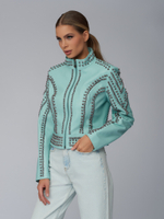 Женская бирюзовая кожаная куртка с заклёпками