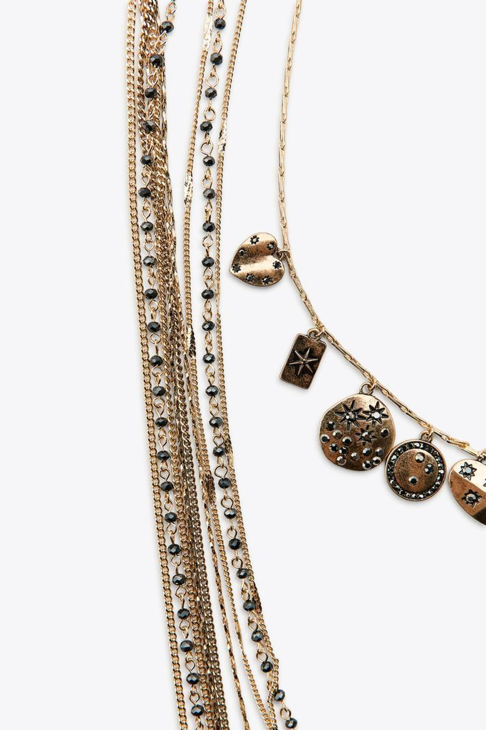 ZARA НАБОР ИЗ 3 ОЖЕРЕЛИЙ С ЦЕПОЧКАМИ, БУСИНАМИ И ШАРМАМИ, ЦВЕТ СОСТАРЕННОГО ЗОЛОТА