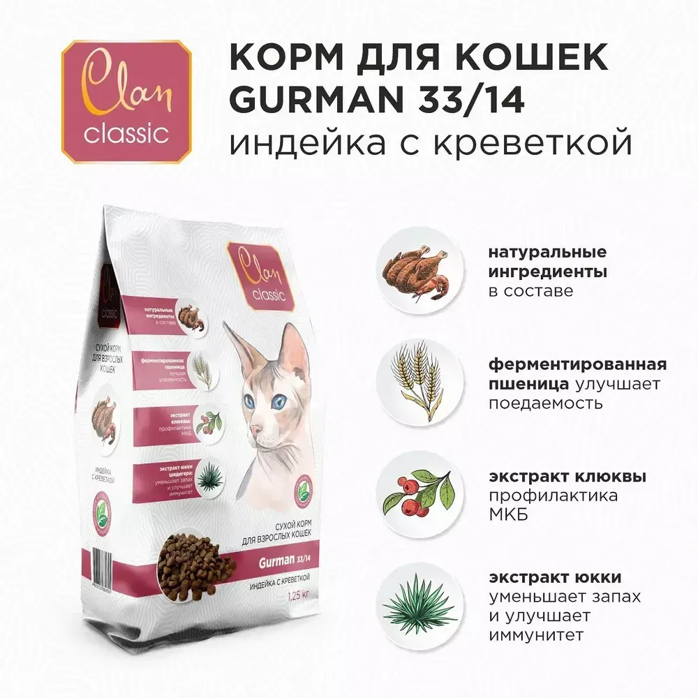 Сухой корм CLAN CLASSIC Gurman для кошек с индейкой и креветками купить с  доставкой в интернет-магазине зоогастроном.ру