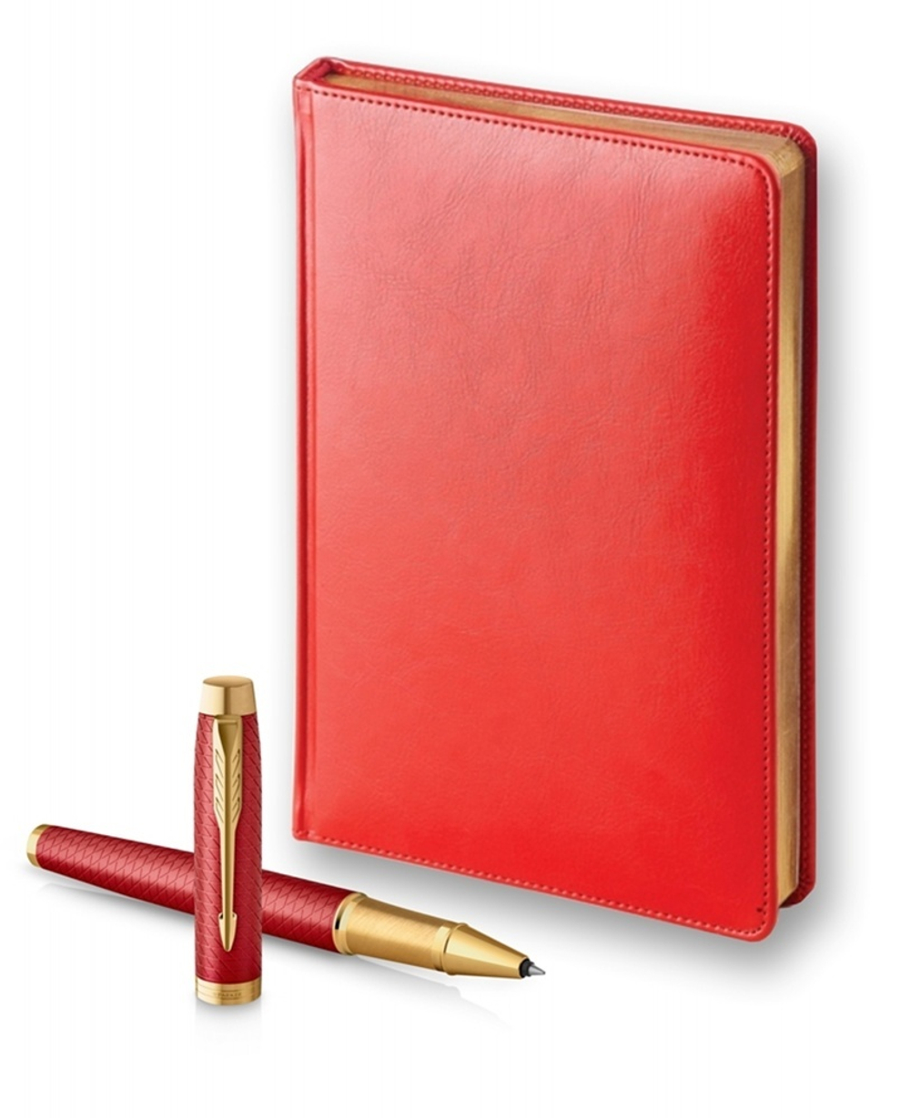 Подарочный набор: Ручка роллер Parker IM Premium T318 Red GT, цвет чернил черный и красный недатированный ежедневник с золотым срезом