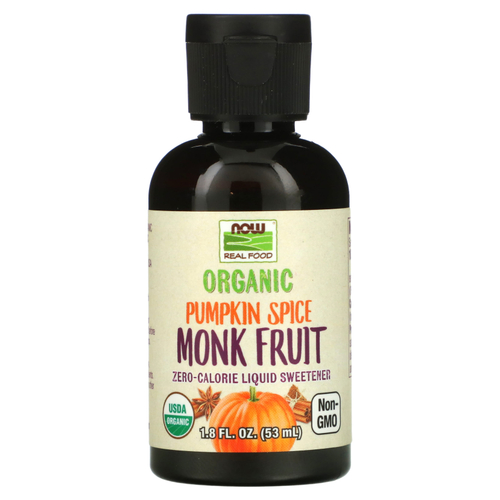 NOW Foods, Real Food, Органические фрукты монаха, жидкий подсластитель с нулевой калорийностью, тыквенная специя, 1,8 жидких унций (53 мл)