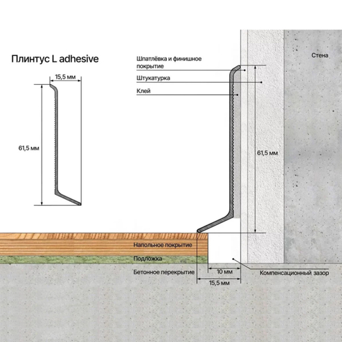 Лаконистик ADHESIVE Плинтус (16*62*3000мм) черный матовый порошковый