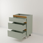 Кухонный модуль напольный 60 см Малага 3 ящика, с дубовыми панелями, на ножках / зеленый самшит, массив дуба