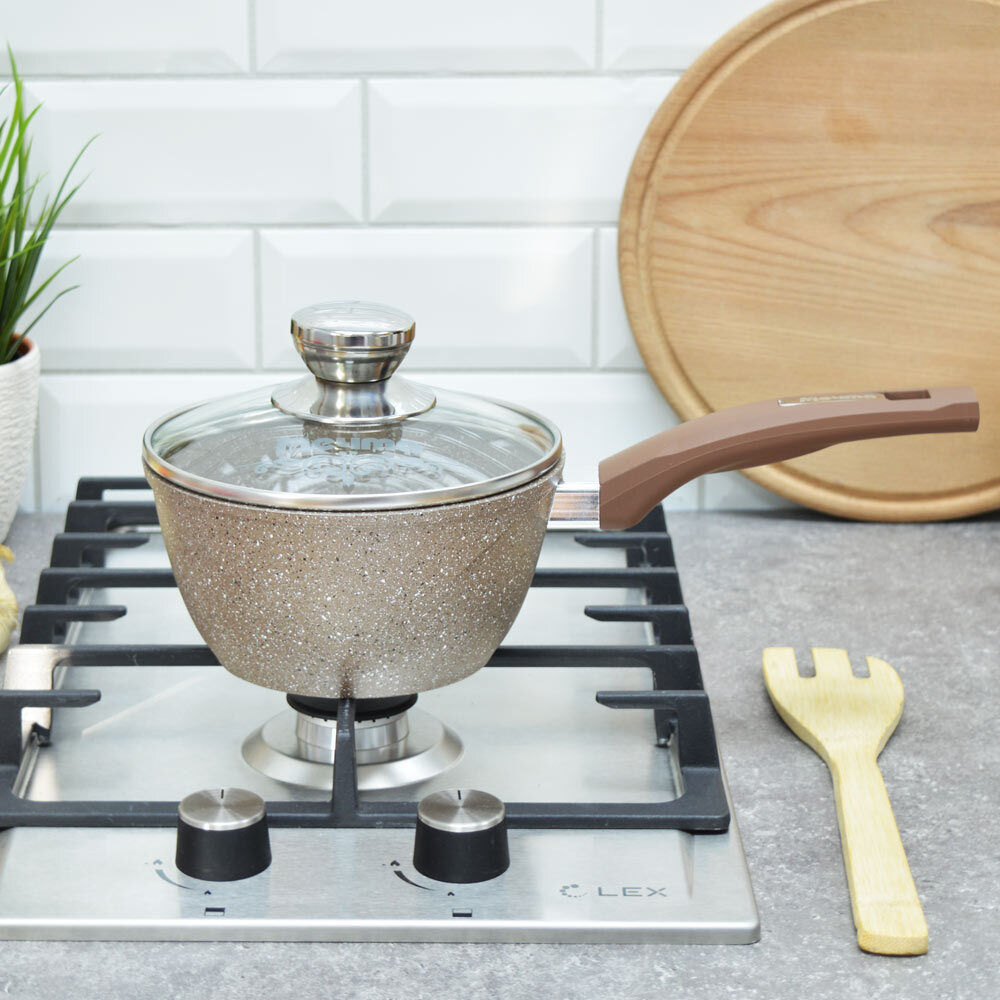 Ковш 1,2л Гранит brown с несъемной ручкой и стеклянной крышкой