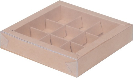 Коробка для конфет 9 шт с прозрачной крышкой крафт, 15,5х15,5х3 см
