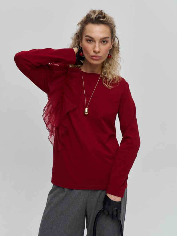 Лонгслив с воланом, бордовый