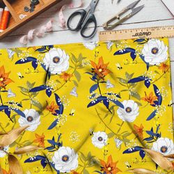 Ткань оксфорд 600 яркие цветы с синими листьями