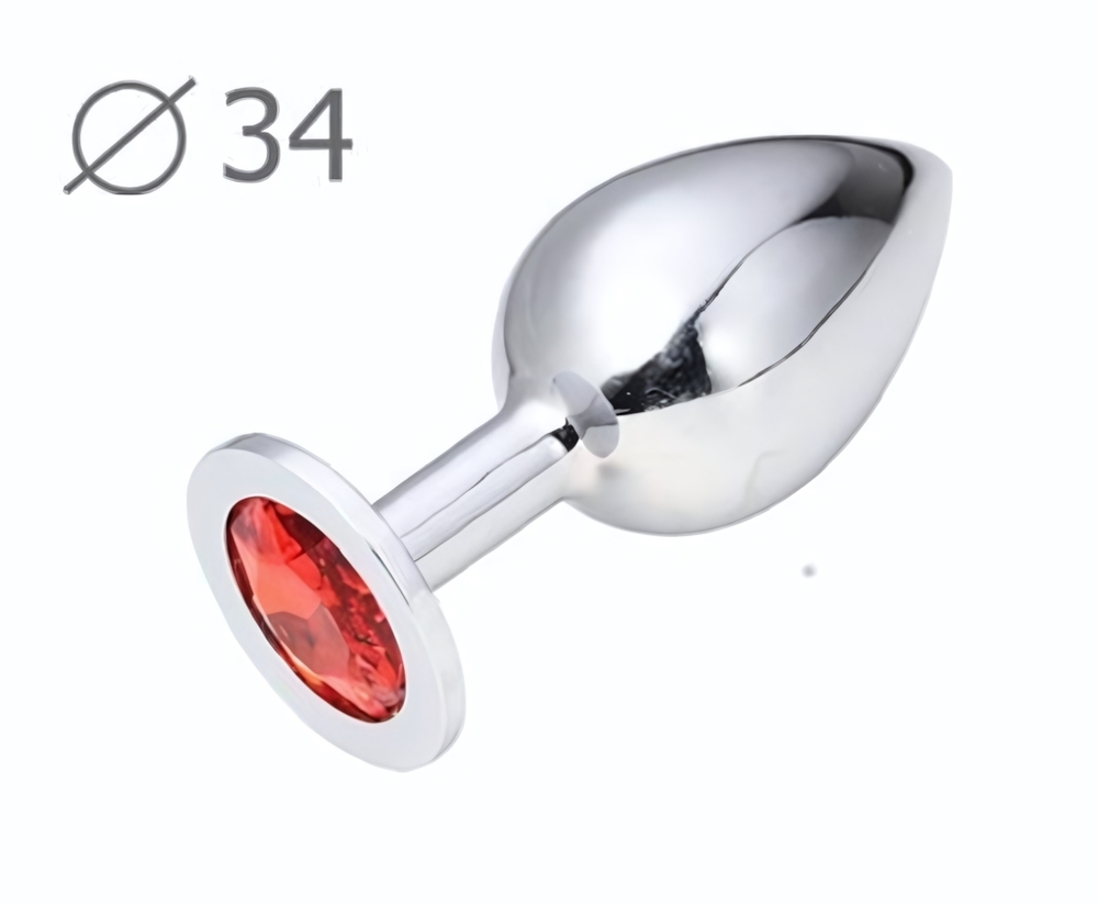 Коническая серебристая анальная втулка с красным кристаллом - 8,2 см. (Цвет: красный)