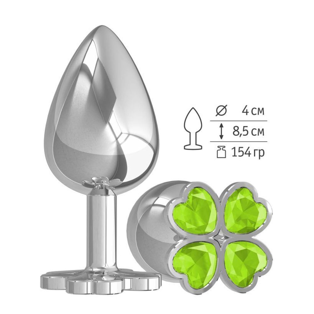 539-12 LIME-DD / Большая анальная втулка Silver Клевер с салатовым кристаллом