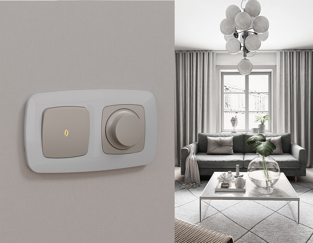 MO362030 Комплект механизма 1-кл проходного выключателя с подсветкой 3200K OMEGA Серо-бежевый матовый QUANT (OP3620, VM105, G22Y)