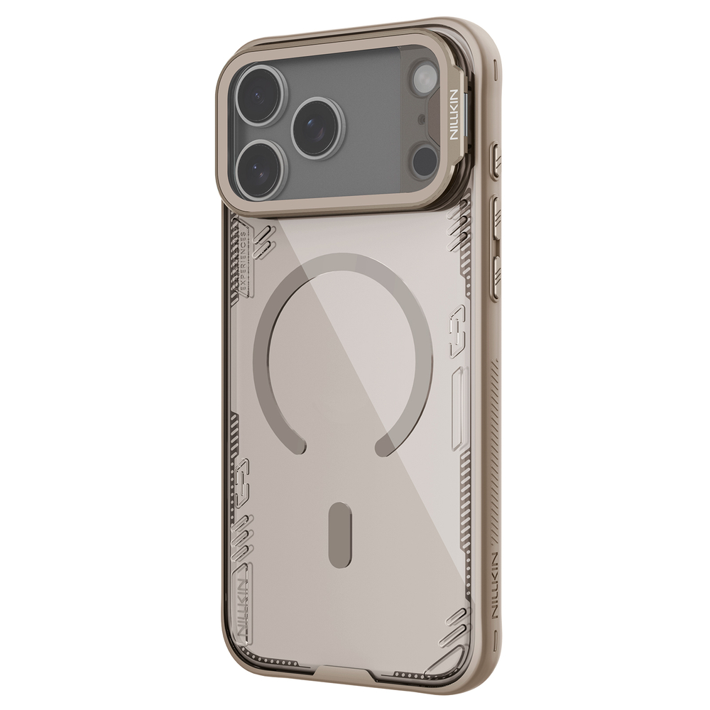 Чехол коричневого цвета с MagSafe на iPhone 17 Pro, серия Iceblade Prop Magnetic (версия с прозрачной крышкой объектива) от Nillkin