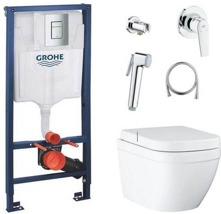 Инсталляция для унитаза подвесного стандартная, комплект Grohe rapid SL (хром, квадрат, двойная) 3в1+ Унитаз с с иденьем +комплект гигиенический душ