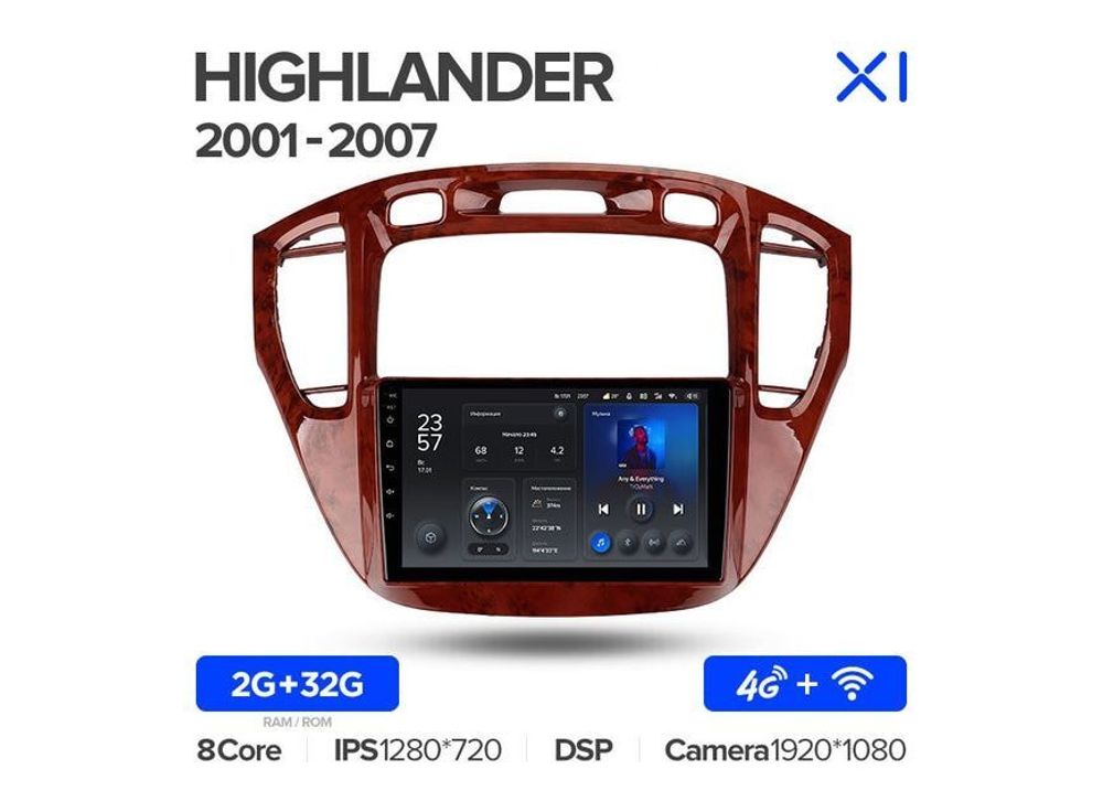 Магнитола Teyes X1 2-32 Wi-Fi + 4G Toyota Highlander 1 XU20 2001 — 2007 9.0&quot;