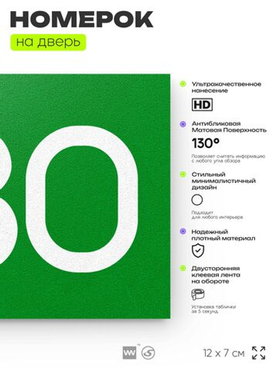 Номер на дверь 980, табличка на дверь для офиса, квартиры, кабинета, аудитории, склада, зеленая 120х70 мм, Айдентика Технолоджи