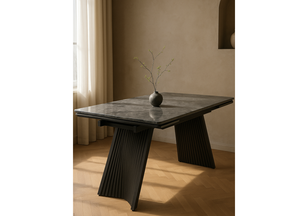 Керамический стол Woodville Вейв 160(220)х89х75 серый мрамор baolai, черный, ножки черные