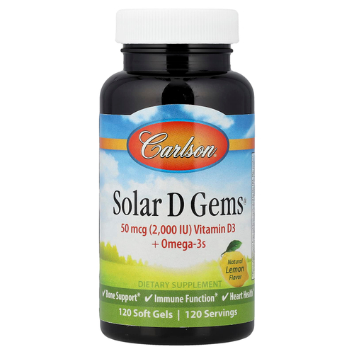 Carlson, Solar D Gems®, витамин D3 и омега-3 кислоты, натуральный лимонный вкус, 120 капсул