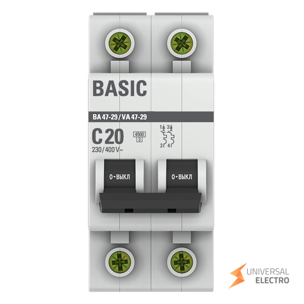 Автоматический выключатель 2P 20А (C) 4,5кА ВА 47-29 Basic