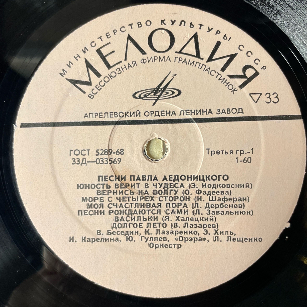 Винтажная виниловая пластинка Павел Аедоницкий, Песни Павла Аедоницкого (СССР 1973)