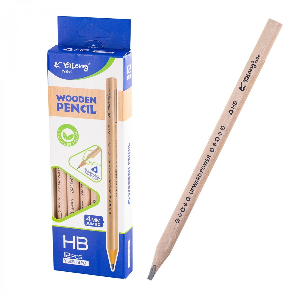 Набор ч/г карандашей, Yalong HB, "Классик", дерево, без ластика, трехгранный, заточенный, 4 мм, jumbo, цвет корп натур. дерево, 12 шт/уп, европодвес