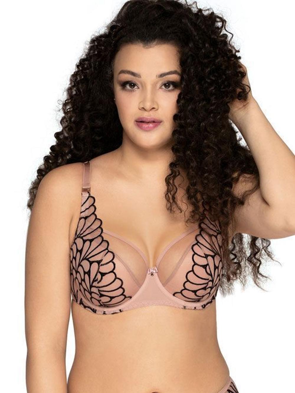 Бюстгальтер на косточках с контрастной черной вышивкой (Размер: 100B) (Цвет: телесный)