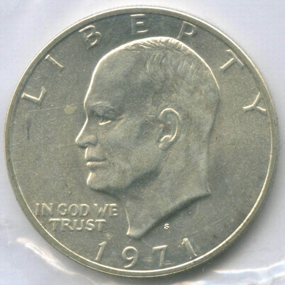 1 доллар 1971 год (S). США. Эйзенхауэр. Серебро, диаметр 38.1 мм. UNC с жетоном в родной запайке