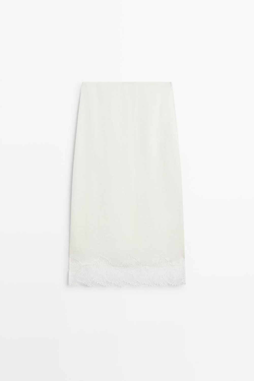 Massimo Dutti Струящаяся юбка миди с кружевной отделкой, белый