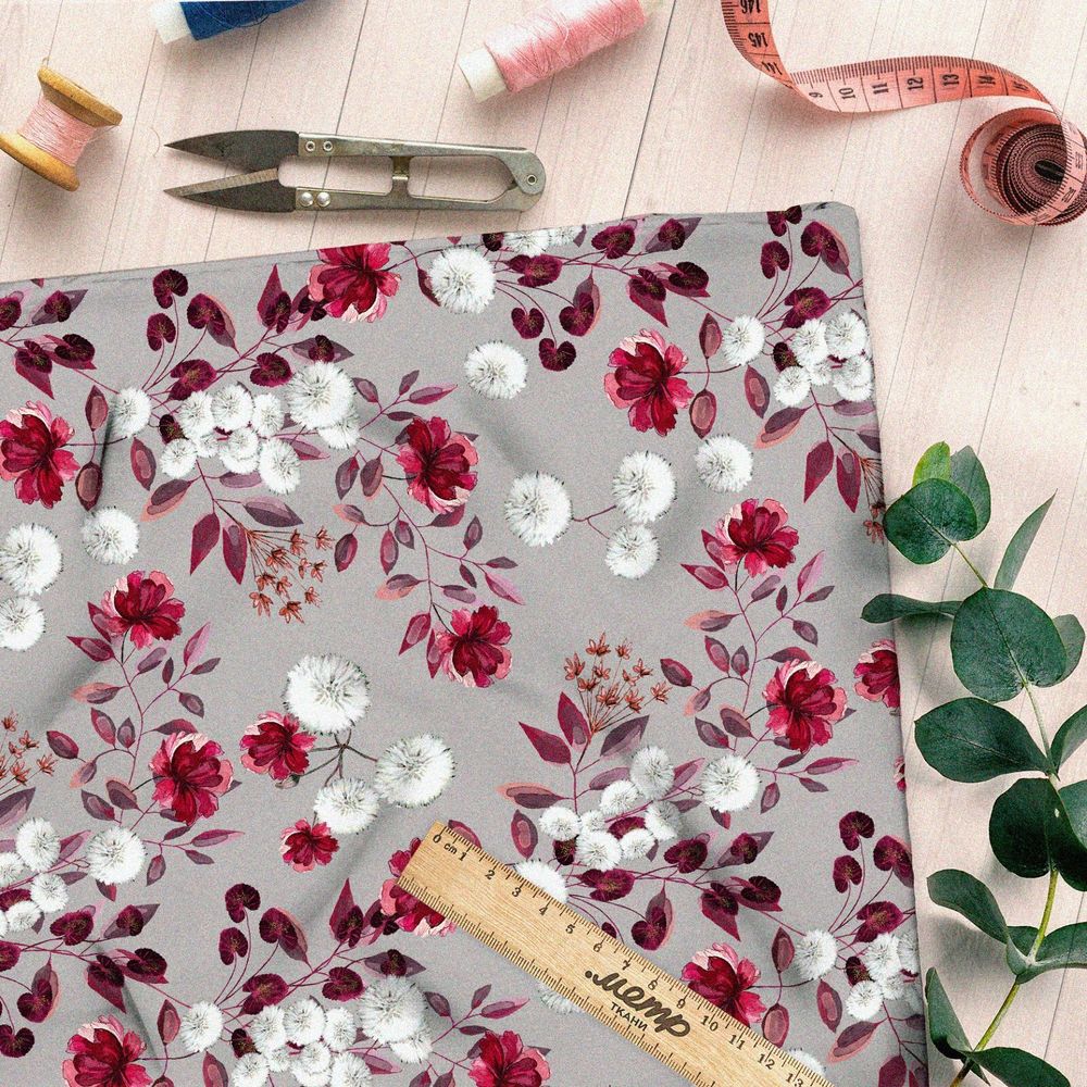 Ткань габардин хризантемы красные и белые