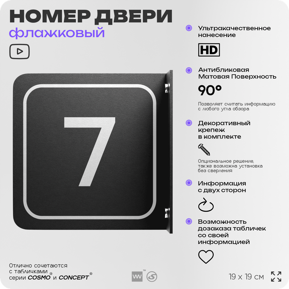 Табличка флажковая с номером 7 на дверь квартиры, для офиса, кабинета, аудитории, склада, черная двустороняя 19х19 см, Айдентика Технолоджи
