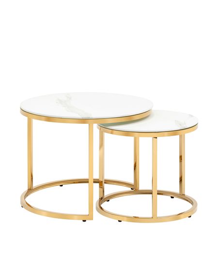 Набор из 2 журнальных столиков Selene Ø60 и Ø45 см, стекло под белый мрамор, золото
