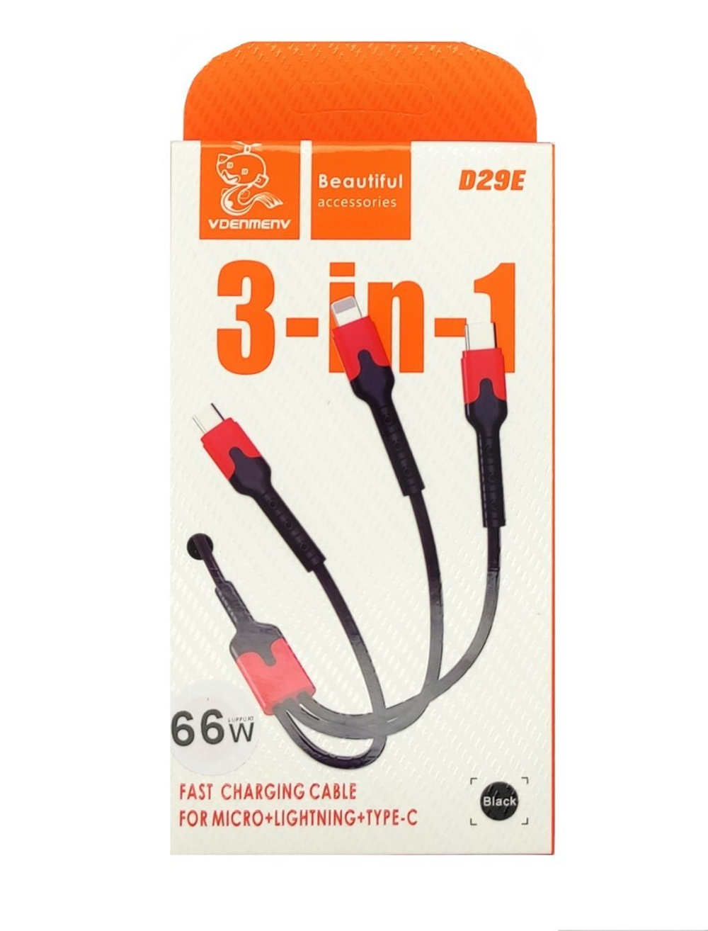 Кабель USB DENMEN D29E 3 в 1 для iPhone/Micro/Type C 66W (черный) 1m