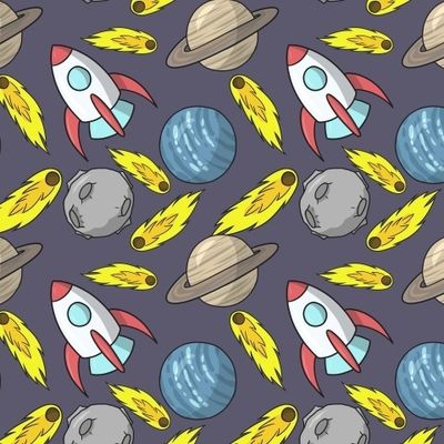 Космическая ракета с планетами на темном