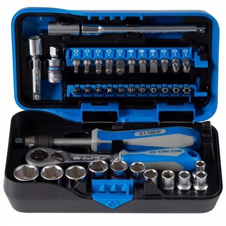 Цена на KING TONY (2539MR-AM) Набор торцевых головок с принадлежностями серии "ATOM", 1/4", шестигранные, 5-14 мм, 39 предметов