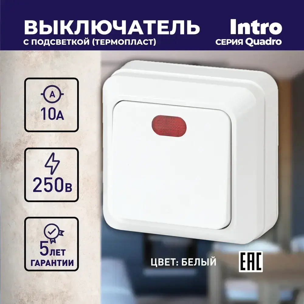 Выключатель Intro Quadro 2-102-01 одноклавишный с подсветкой 10А-250В IP20 ОУ белый