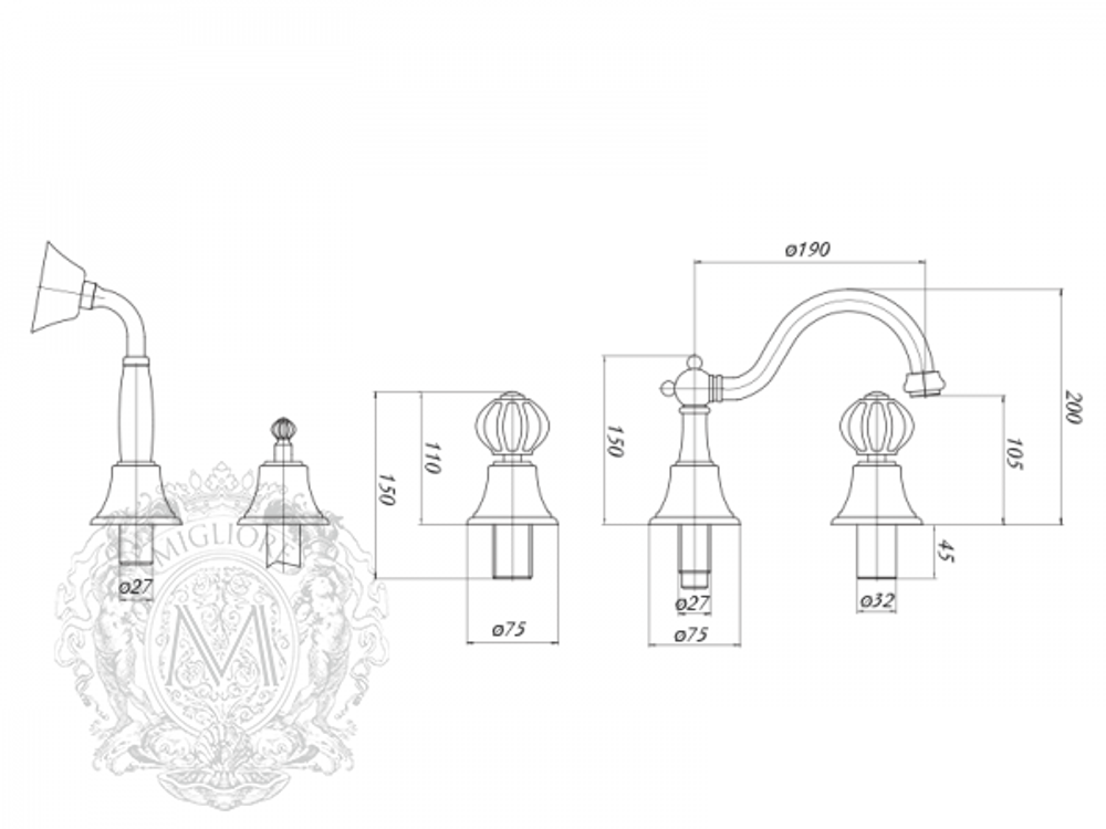 Смеситель на борт ванны на 5 отв. Migliore Olivia ML.OLV-5880 схема
