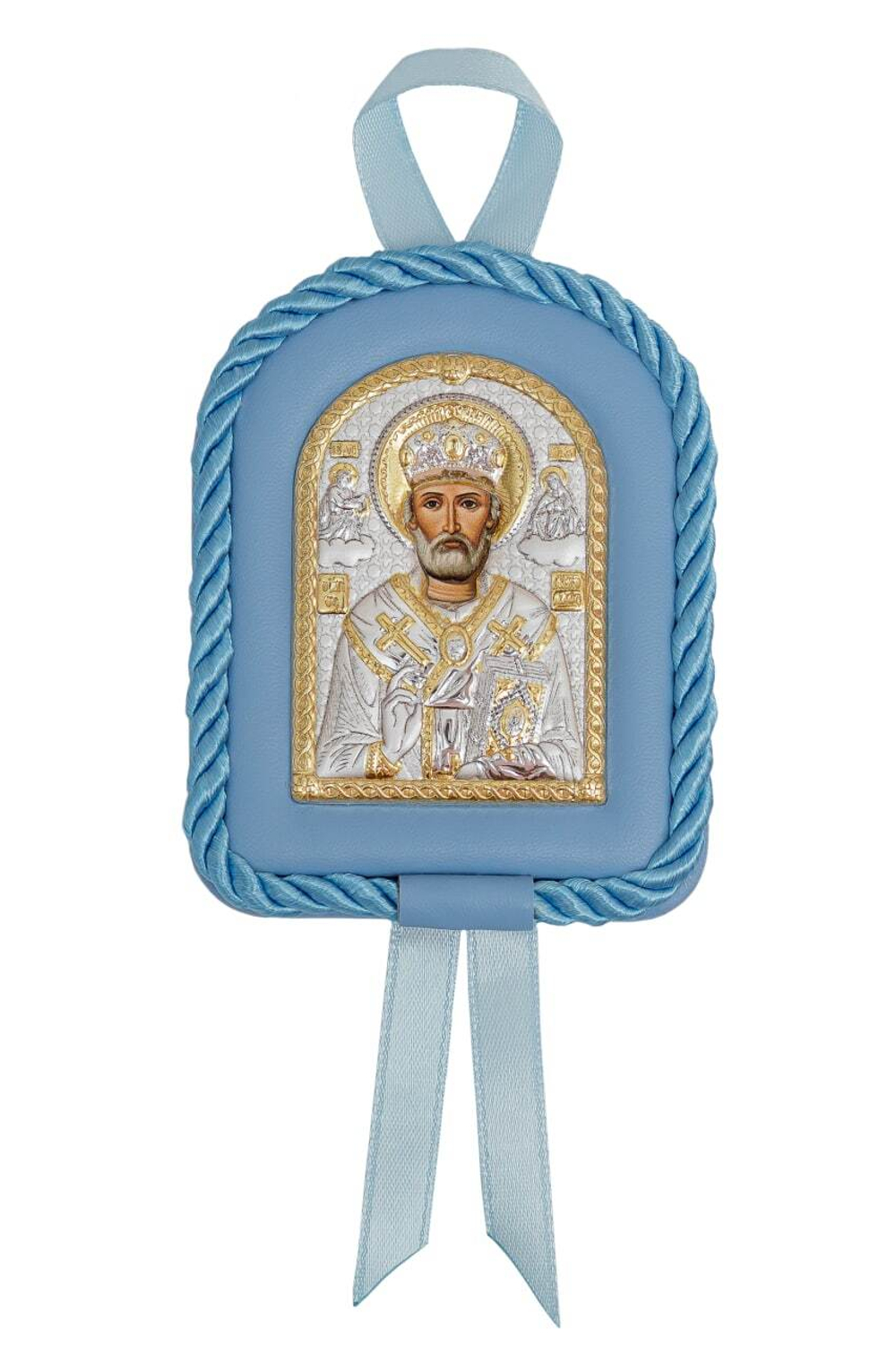 Николай Чудотворец, икона детская, арочная, синяя кожа 70х90