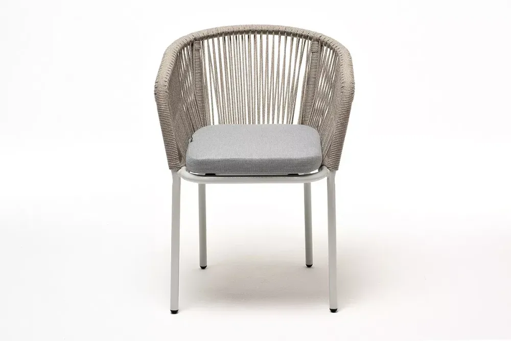 "Марсель" стул плетеный из роупа, каркас алюминий светло-серый (RAL7035) муар, роуп серый меланж круглый, ткань светло-серая