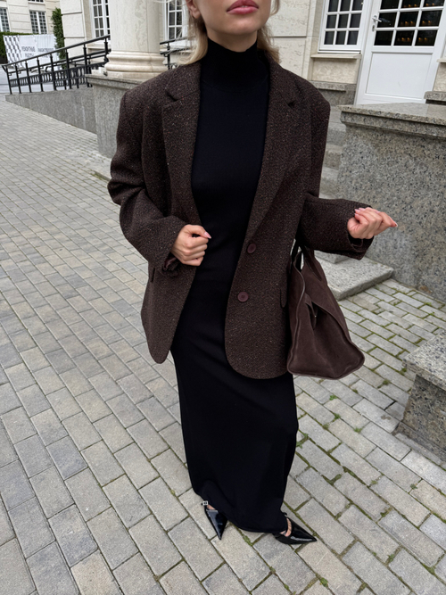 Пальто из твида однобортное укороченное коричневое