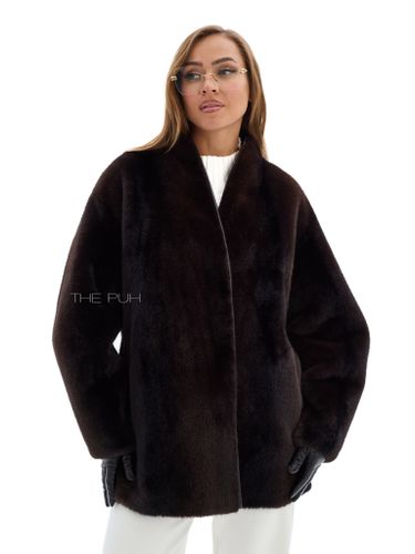 Темно-шоколадная шуба из эко-меха с поясом