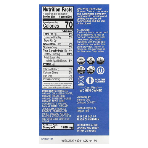 Mamma Chia, Organic Chia Prebiotic Squeeze Snack, черника и асаи, 4 порции, 99 г (3,5 унции)