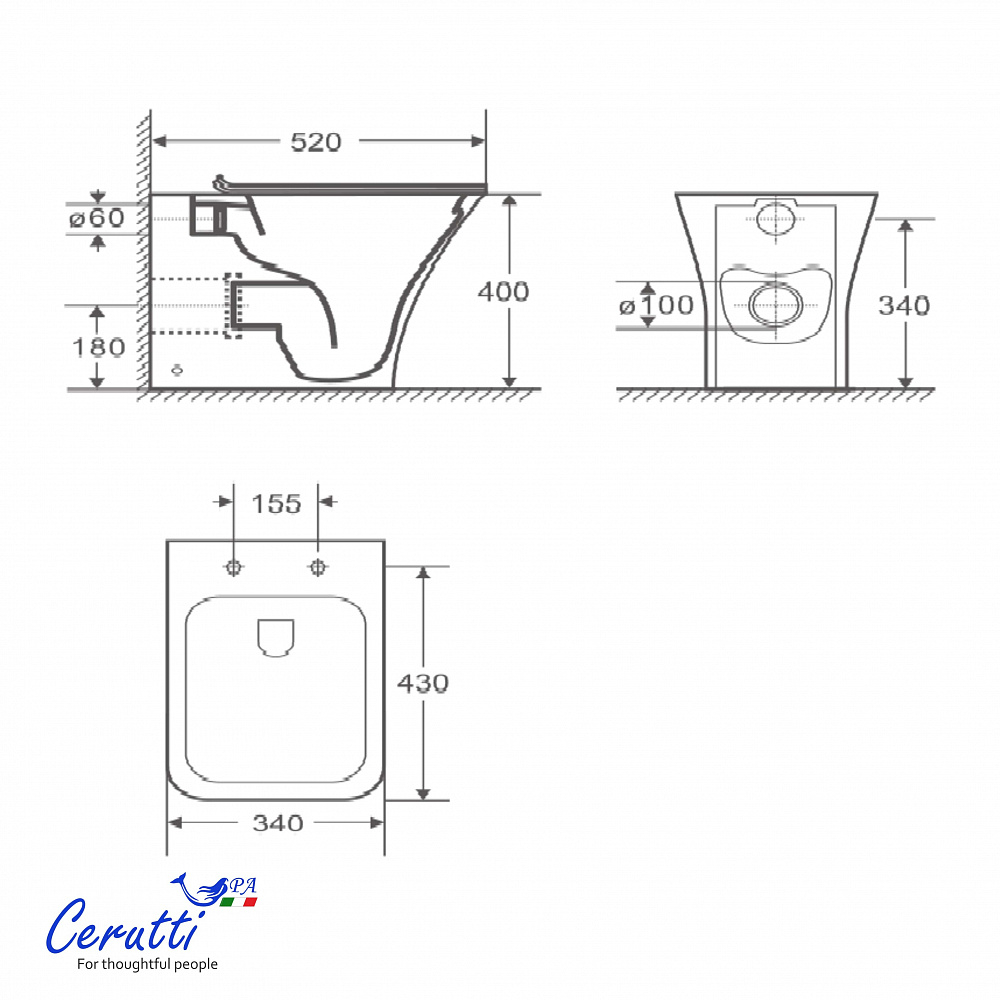 Унитаз приставной Ceruttispa ВЕТТОРЕ (VETTORE) F CT7841 безободковый (520х340х400)
