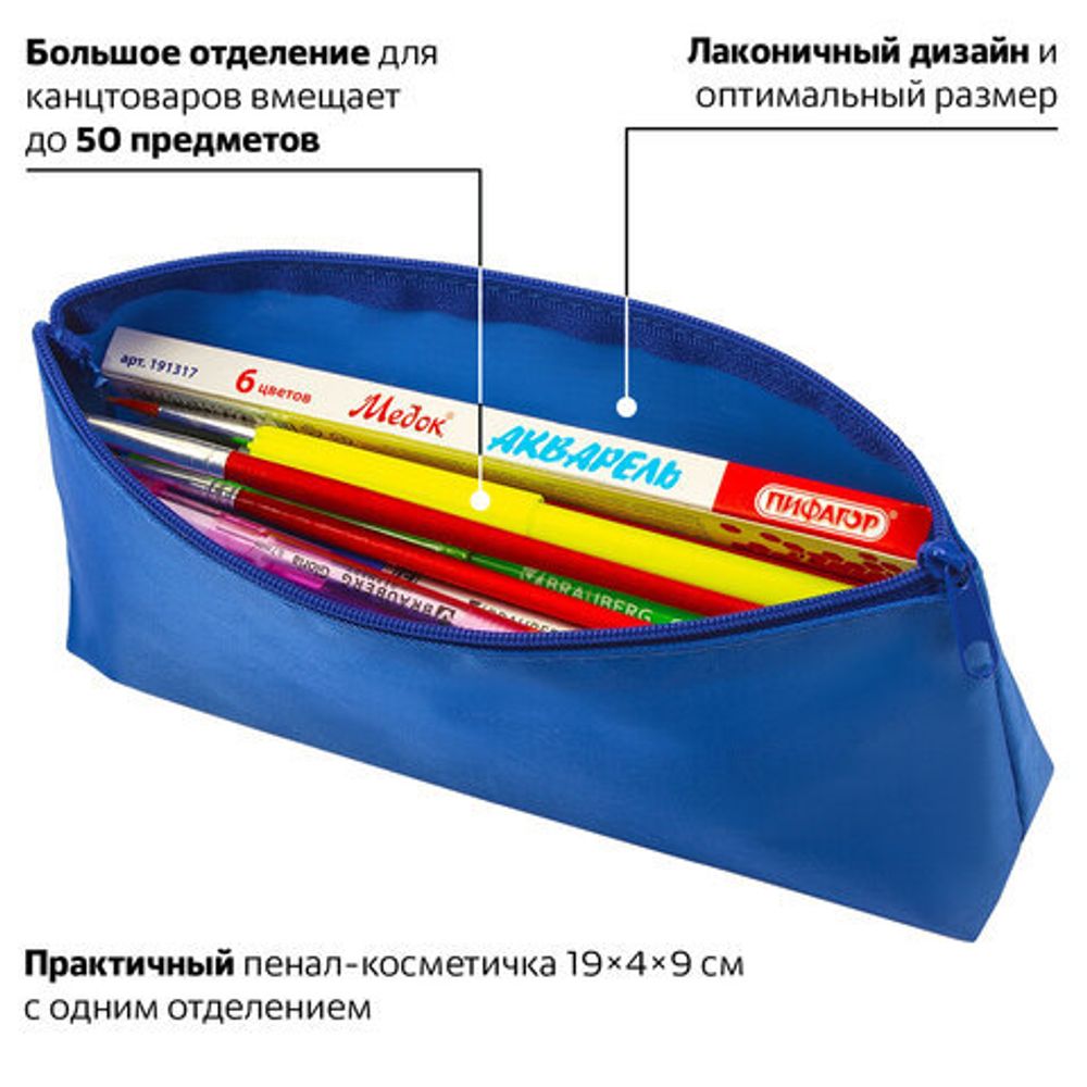 Пенал-косметичка ПИФАГОР на молнии, текстиль, синий, 19х4х9 см, 229004