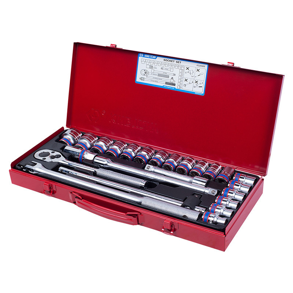 Набор торцевых головок с принадлежностями 1/2&quot;, двенадцатигранные, 10-32 мм, 24 предмета KING TONY 4026MR