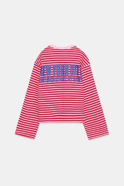 ZARA ФУТБОЛКА В ПОЛОСКУ С НАДПИСЬЮ, РОЗОВЫЙ